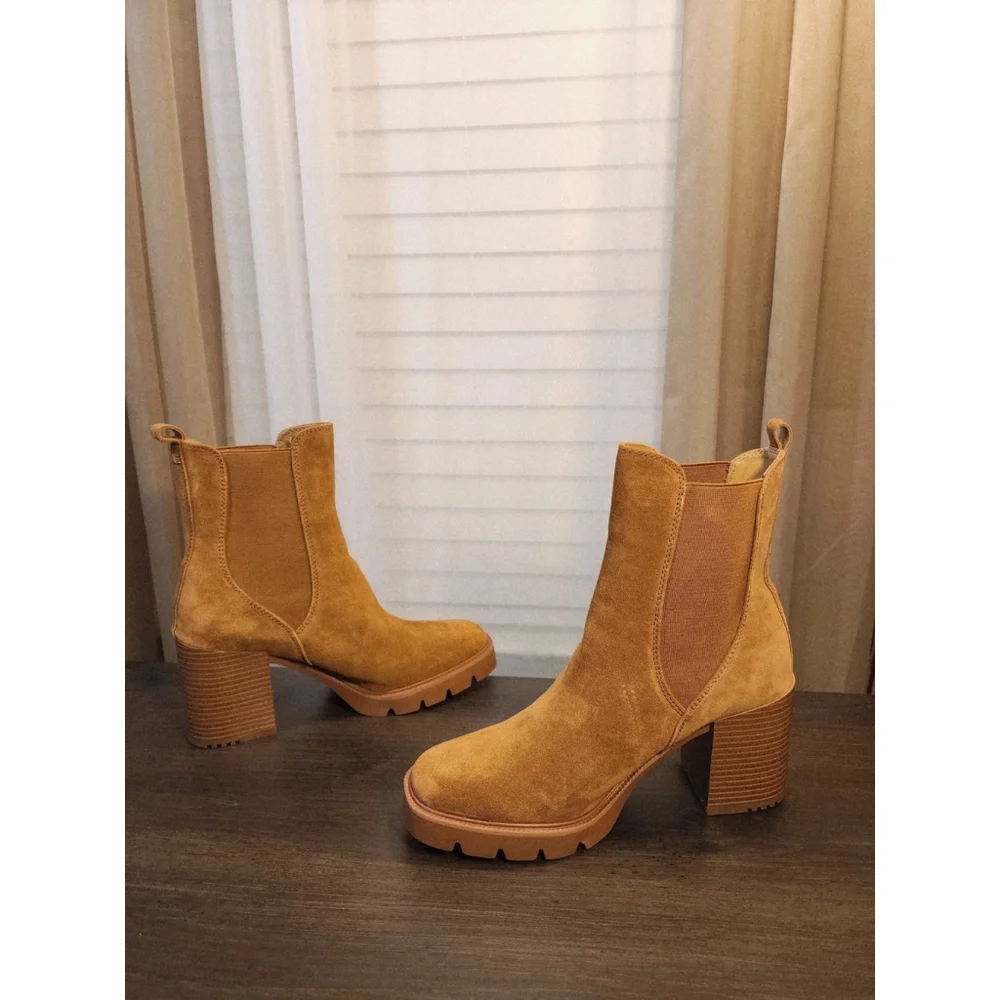 Sam Edelman Suede LEATHER Chelsea Pull On Lug Boots Booties 10.5 M Caramel Brown